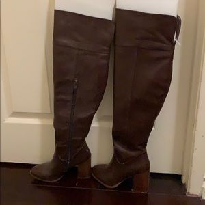 Dark brown faux leather thigh high boots with heel
